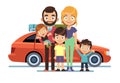 Family car. Happy young parents father mother kids pet auto lifestyle people automobile travel vacation road trip flat