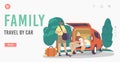 Family Car Travel Landing Page Template. Parents and Son Ready for Road Journey. Happy Characters Loading Bags in Trunk Royalty Free Stock Photo