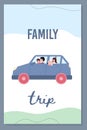 Family car trip and summer journey banner or poster, flat vector illustration. Royalty Free Stock Photo