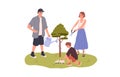 Family caring about plant, growing, cutting and watering tree. Parents and kids growth, development, upbringing concept