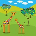 Family of cartoon giraffes walking among trees.