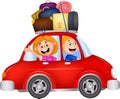 Family cartoon traveling with car