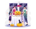 Family carving pumpkins at home preparing for Halloween. Vector illustration