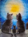 A family of cats chidyat on the roof and admire the bright moon. illustration. Royalty Free Stock Photo