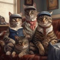 Family of cats in home interior and vintage clothes created with Generative AI