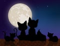 Family of cats on the roof in the moonlight