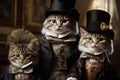 Family of cats in royal outfits of the Victorian era. Funny cats. Cats as Humans concept. Picture of Cat Aristocrats