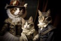 Family of cats in royal outfits of the Victorian era. Funny cats. Cats as Humans concept. Picture of Cat Aristocrats