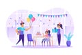 Family celebrating birthday scene. Kid home party concept