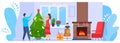 Family celebration christmas, people spend time together, man, woman decorate christmas tree, cartoon style, vector