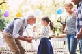 Family celebration or a garden party outside in the backyard.