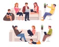 Family Character Mother, Father and Kid with Digital Device Suffering from Internet Addiction Vector Set