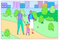 Family character person walk city park, spend fun time leisure line flat vector illustration art. Urban town background Royalty Free Stock Photo