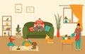 Family characters at home with kids spending time together, mother, father, daughter and son playing at home flat vector Royalty Free Stock Photo