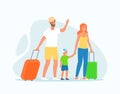 Family characters with luggage. Parents with child and luggage. Family travel.