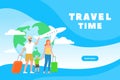 Family characters with luggage. Parents with child and luggage. Web page design