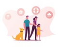 Family Characters Need Help during Flood Concept. Mother, Father, Little Girl and Dog Surrounded with Icons