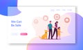 Family Characters Need Help during Flood Landing Page Template. Mother, Father, Little Girl and Dog, Icons