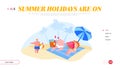 Family Characters Relaxing on Beach Landing Page Template. Mother Eat Watermelon, Father Drink Juice Royalty Free Stock Photo