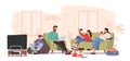 Family Characters Suffering of Social Media Internet Addiction Concept. Parents and Children Sitting Together at Home Royalty Free Stock Photo