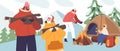 Family Characters at Winter Camping with Cozy Campfire, Snow-filled Adventure, And Quality Bonding, Vector Illustration