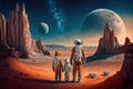A family with a child dressed as astronauts hold hands standing on Mars, created with Generative AI technology