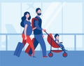 Family with child and pregnant woman with suitcases at the airport.