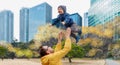 Father with son having fun in autumn tokyo city Royalty Free Stock Photo