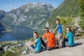 Family with children above Geiranger Fjord. Royalty Free Stock Photo
