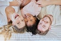 Family, children and adoption with a mother, father and daughter lying on a bed in their home together. Portrait, love Royalty Free Stock Photo