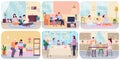 Family with children concept flat scenes set adults and kids spending time together at home