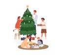 Family with children decorates Xmas tree. Happy parents, kid around Christmas fir, prepare for winter holiday at home Royalty Free Stock Photo