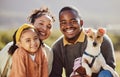 Family, children and dog with a girl, mother and father in the park with their pet canine on a summer day. Portrait Royalty Free Stock Photo