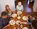 Family, children and eating food from above for healthy nutrition meal, wellness or bonding. Women, grandmother and Royalty Free Stock Photo