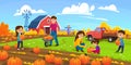 Family with children harvesting pumpkins on a pumpkin patch farm for holidays