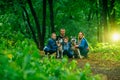 Family with children, and husky dogs in the forest Royalty Free Stock Photo