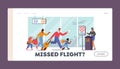 Family with Children Late for Boarding Plane Landing Page Template. Worried People Run with Bag Upset with Missed Flight