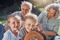 Family, children and love with a girl, grandparents and sister outdoor in a nature park for fun and adventure. Kids Royalty Free Stock Photo