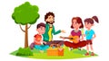 Family With Children On A Picnic In Nature Vector. Isolated Illustration