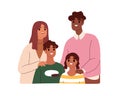 Family with children portrait. Happy international parents, kids. Mother, father, daughter and son of different race