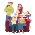 Family with children sitting on couch. Big family portrait. Vector people. Mother and father with babies, kids and