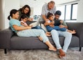 Family, children and technology with a kids, grandparents and parents streaming in the living room. Girl, sister and Royalty Free Stock Photo