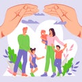 Family with children under huge protective hand palms, flat vector illustration.