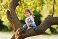 Family with children walking outdoors in summer field at sunset. Happy smiling little boy sitting on the tree, having Royalty Free Stock Photo