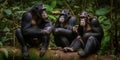 A family of chimpanzees grooming each other in a lush jungle, concept of Social hierarchy, created with Generative AI