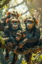 Family of Chimpanzees Relaxing on Branch in Natural Habitat with Sun Filtering Through Foliage