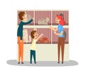 Family Choosing Cat in Pet Shelter or Animal Shop Cartoon Vector Illustration