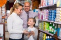 Family choosing items in pharmacy Royalty Free Stock Photo