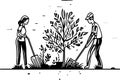 Family Chores Vector Silhouette gardening, planting and garden cleaning.