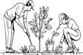 Family Chores Vector Silhouette gardening, planting and garden cleaning.